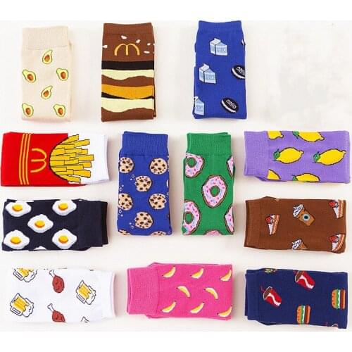 Fashion Women Socks Funny Cute Cartoon Fruits Banana Avocado Lemon Egg Donuts Food Happy Japanese Harajuku Skateboard Socks