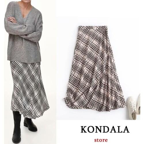 KONDALA Za Fashion Women Skirts 2021 Vintage Plaid Print A-Line Skirts High Waist Long Skirts Female Elegant Mujer Faldas
