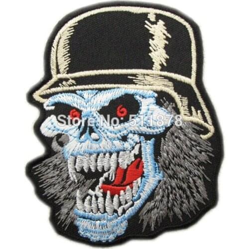 9" SKULL WITH HELMET Red Eye Motorcycle BACKPATCH Rider Rock Music band Heavy Metal biker vest Costume Embroidered iron on patch