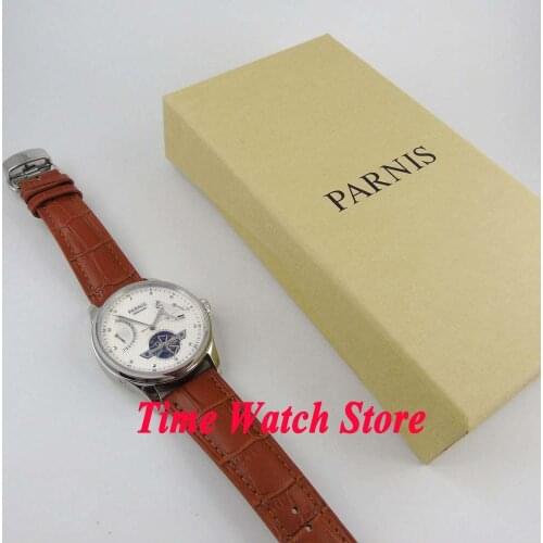 43mm Parnis mens watch White dial power reserve date deployant clasp ST2505 Automatic movement with box