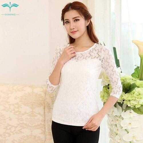 OUMOWEI Womens T-Shirt 2020 Fashion New T-Shirt Solid Color Wild Lace T-Shirt Slim Thin Casual Shirt M-5XL Size