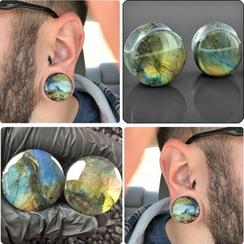 Pair Labradorite Stone Ear Flesh Tunnel Plugs Double&Single Flared Plug Glow Stone Ear Gauges Expander Body Piercing Jewelry