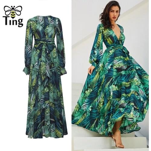 Tingfly Women Plus Size 4XL Casual Long Dress Chic Tropical Leaf Print Maxi Dress Bohemian V neck Fashion Dress Summer Vestidos