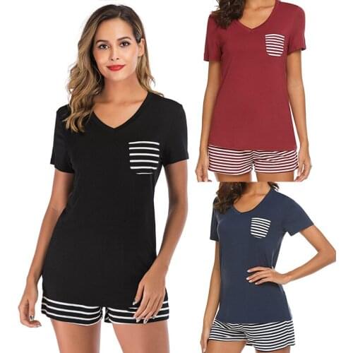 Casual Women Night Pajamas 2 Pieces Set T-shirt Top with Striped Pockets + Striped Shorts Summer Pajama Sleepwear Home Clothings