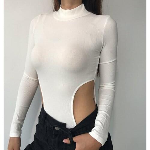Europe 2020 Autumn Sexy Hollow-out Waist Slimming High Collar Long Sleeve Base Tops Tight Bodysuits Solid Color Jumpsuit 6SPN