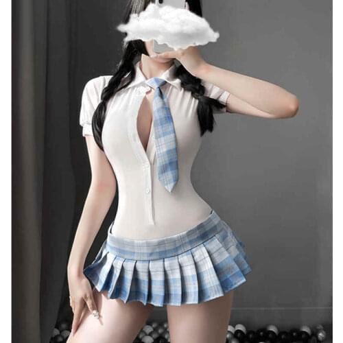 Sexy Lingerie Halter Necktie Open Buttoned Shirt Exposed Breast Jumpsuit Student Pleated Skirt Temptation Suit Uniform Cosplay