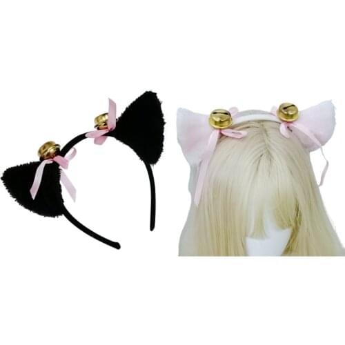 Japanese Lolita Cosplay Headband Sweet Faux Fur Plush Cat Ears Hair Hoop with Bells Bow Masquerade Anime Party Costume
