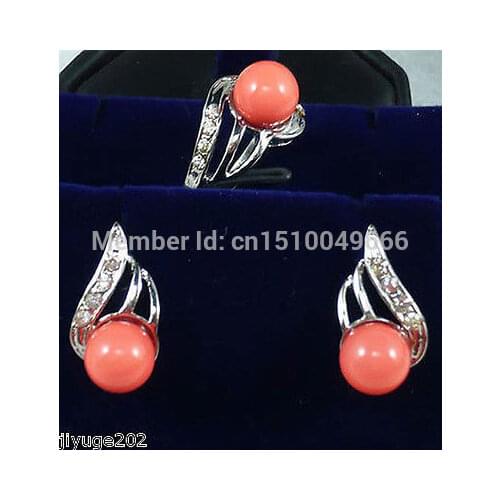 Hot sale FREE SHIP>>>>beautiful silver plate coral earring ring 7 8 9# Set
