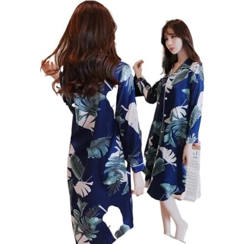 Women silk nightgown Summer Sleepwear Sexy Sleepshirt Long Print Middle Sleeve Outwear Ladies Party Nightdress
