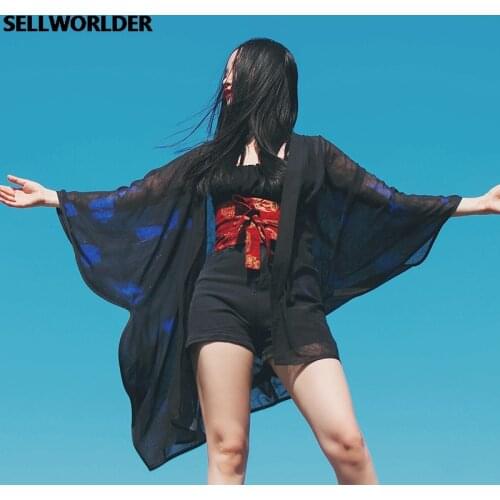 2021 Woman Japanese Kimono Style Blue Butterfly Flap Irregular Contour Cut sun Protection Shirt Super Loose Top