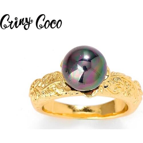 Cring Coco Black Pearl Rings Fashion Hawaiian Polynesian Style Finger Rings for Women Gold Plated Jewelry Ring Birthday Gifts