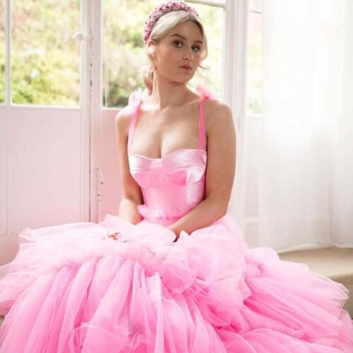 Pink Kawaii Elegant Women Dress Spaghetti Strap Tulle Ruffle Layered Floor Length Ball Gown Plus Size Evening Dress Custom Made