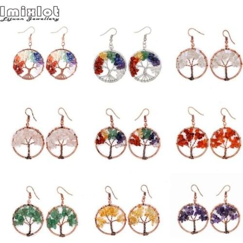17styles Colorful Natural Stone Tree of Life Pendulum Pendant Earrings for Women Handmade Crystal Dangle Earings Fashion Jewelry