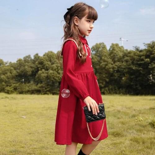 2021 Autumn Dress For Girls Long Sleeve Peter Pan Collar Mid Length Gowns Children Outdoor Activities Casual Dresses 5-14 Years