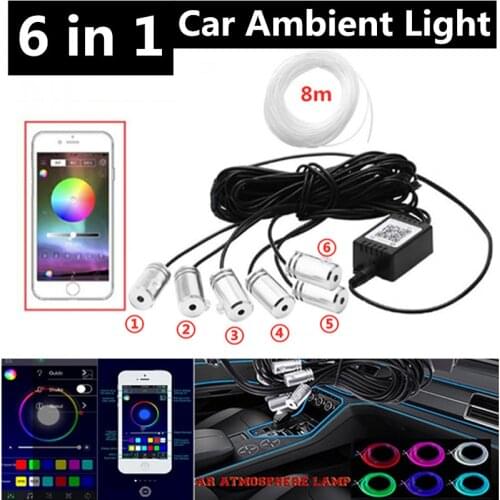 6 in1 RGB LED Car Atmosphere Lights Interior Ambient Light Fiber Optic Strips Light by App Control DIY Music 8M Fiber Optic Band