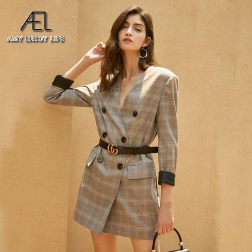 AEL Spring Womens Blazer Cotton Blend French Retro Double Breasted V Neck Elegant Slim Suit Minidress