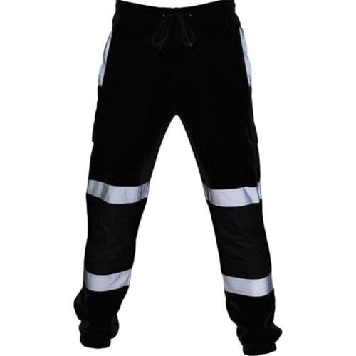 Men Fashion Road Work High Visibility Casual Pocket Work Casual Trousers Black Reflective Sweatpants Cargo Pants Men