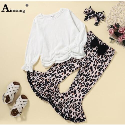 Children Two Piece Sets Baby Girls Petal Sleeve Top and Flare Pants Fashion 2021Autumn Kids Cute Leopard Print 2PS Outfits