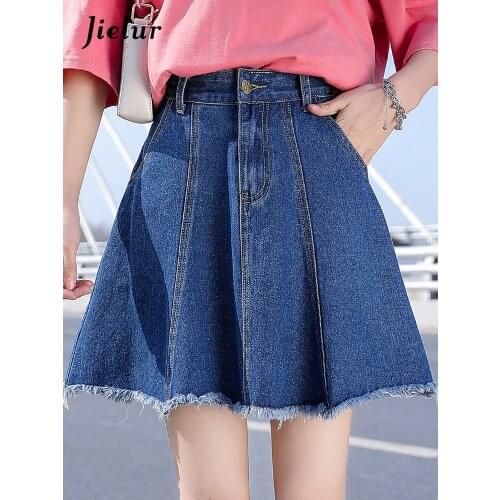 Jielur A-line Stitching Denim Skirt Female Summer Plus Size S-5XL High Waist Skirt Loose Fur-trimmed Student Blue Women Skirts