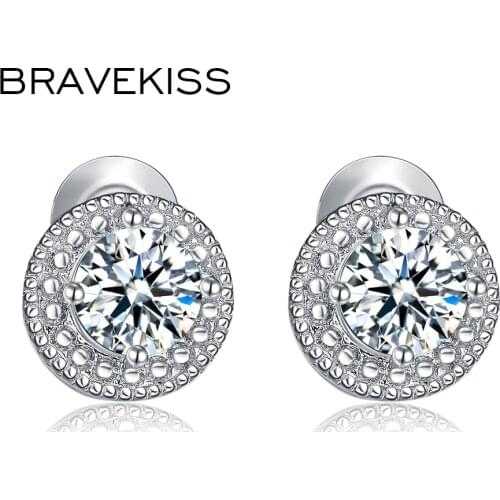 BRAVEKISS Rund Classic Piercing Stud Earrings For Women Ladies Prong Cubic Zirconia Luxury Fashion Jewelry Brincos BUE0259