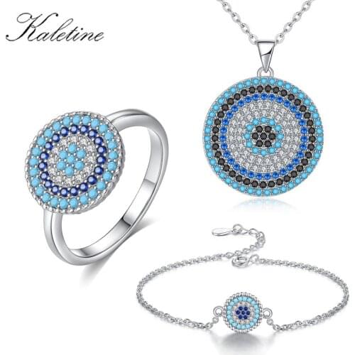 KALETINE Infinity 925 Sterling Silver Evil Eye Necklace Tennis Bracelet Ring Blue CZ Luxury Jewelry Sets For Women Best Gifts
