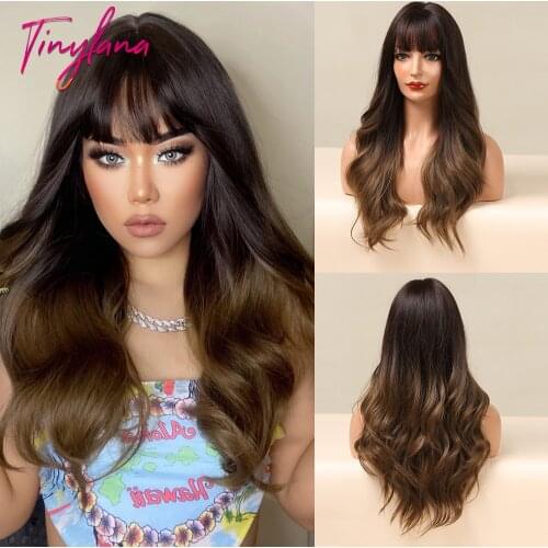 TINY LANA Ombre Black Brown Synthetic Wigs with Bangs Long Natural Wave Wigs for Black Women Cosplay Party Daily Heat Resistant