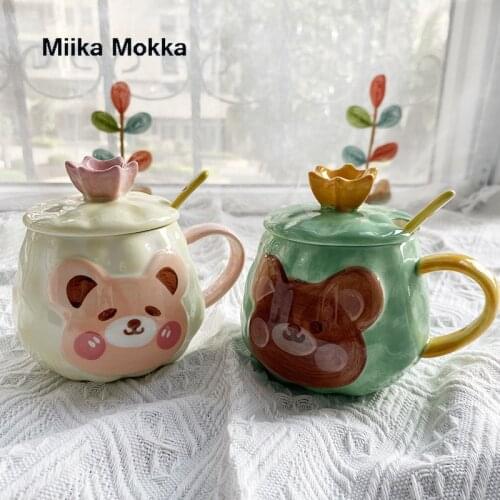 Ceramic Microwavable Mug Ins 401-500ml Korean Japanese Style cup Bear Crown Cup Cute Cartoon Milk Cup Breakfast Cup Coffee Cup