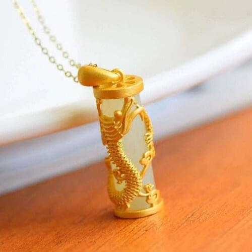 Hotian Jade Pendant Dragon and Phoenix Column Ancient Silver Inlaid Jue Suet Couples Brand Necklace Gifts for Men and Women Jad