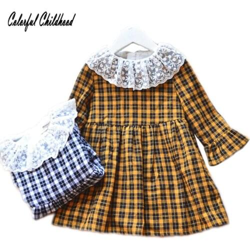Toddler Girl Summer Dress Long Flare Sleeve Peter Pan Collar Sweet Laces Plaid Country Style Baby Kids Dresses For Girls modis
