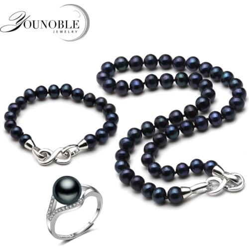 Real wedding black pearl jewelry set women,round bridal pearl necklace set with bracelet adjustable ring 925 silver jewlery