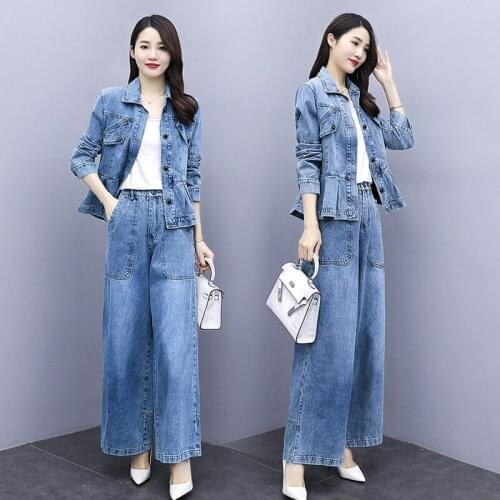 New Denim suit fashion two-piece casual jacket nine-point wide-leg pants pastel year-old female costume