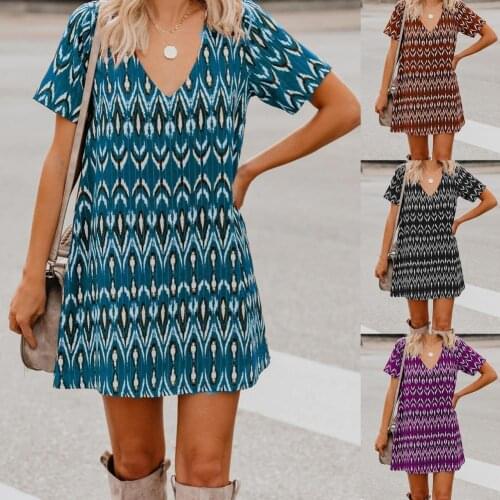 Geometric Print A Line Dress Women Summer Short Sleeve Mini Dress Ladies Loose Short Dress beach robe femme Vestido De Mujer
