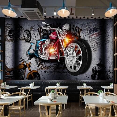 Custom 3D Wall Murals Wallpaper Motorcycle Broken Wall Personality Retro Bar KTV Restaurant Photo Poster Decor Wall Painting