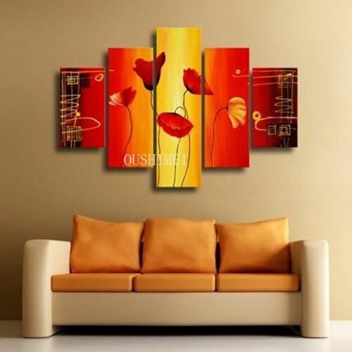 Hand Painted Waving Red Lotus Sun Abstract Landscape Wall Home Decor Oil Painting On Canvas 5pcs/set Mixorde No Framed Flower