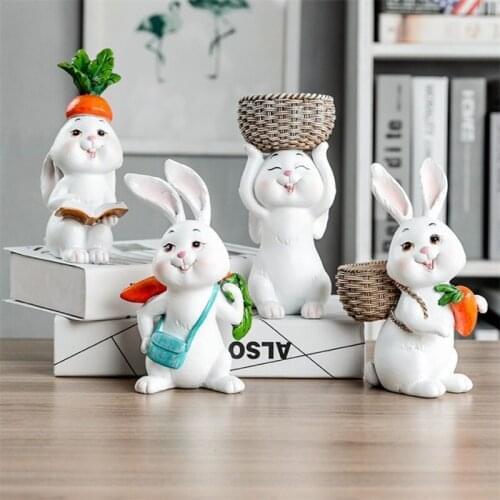 Resin Cute Rabbit Figurine Model Desktop Decoration Four-piece Abstract Cartoon Animal Rabbit Crafts Birthday Gift Home Decor