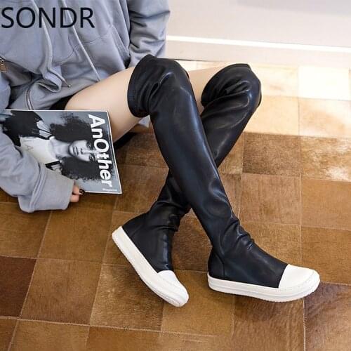 Women Over Knee Thigh High Boots Creeper Pull On College Sneaker Shoes Hidden Heel Stretchy PU Leather Match ColorsMA1