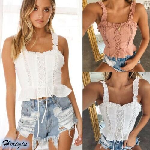 Women Summer Casual Solid Short Tank Tops 2019 New Women Summer Casual Slim Lace Up Solid Short Tank Tops