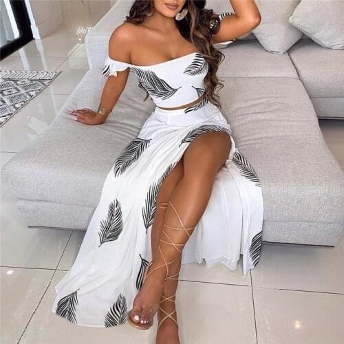 2021 Summer Festival Clothing Off Shoulder Ruffles Crop Top High Waist Slit Beach Sexy Two Piece Sets Women Skirts Suits Outfits