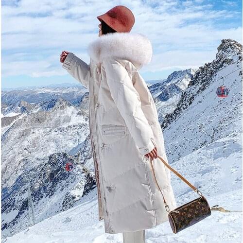 White Duck Down Jacket Womens Real Fur Hat Hooded Long Coat 2021 Winter Thickened Warm Solid Horn Buckle Zipper Parker Female