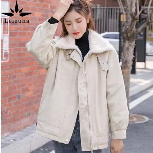 Leiouna Loose Long Work Clothes Cotton Womens New Winter Students Lamb Wool Coat Cashmere Thickened Cotton Clothes Warm Coat