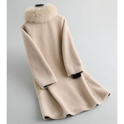 Female Womens Real Coat Long Autumn Winter Jacket Fox Collar Korean Wool Fur Coats Fashion Manteau Femme KQN22052 J4267