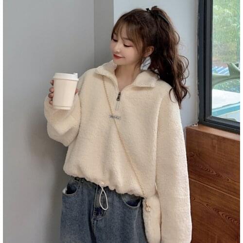 Winter 2020 Short Letter Print Cashmere Thickened Hooded Sweatshirt Women Loose Pullover High Street Wm