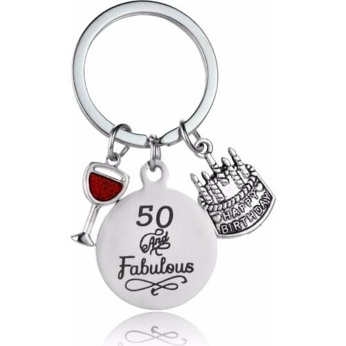 12PC/Lot Charm 50 And Fabulous Birthday Cake Goblet Stainless Steel Keychain Women Men Family Best Friend Gifts Keyring Key Ring
