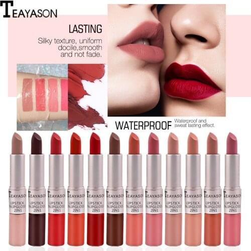 New 12 Color Double-Ended 2 In 1 Lipstick Lips Makeup Easy To Wear Matte Lip Gloss Red Nude Pink Purple Liquid Lipsticks