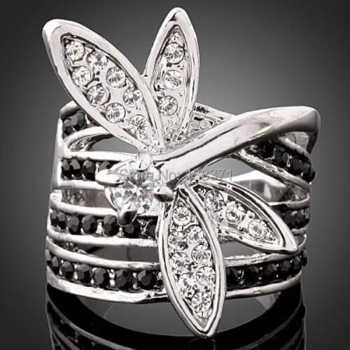 Alisouy Hot Sell!! New Ladies Lovely Dragonfly Austrian Crystal White Gold GP Animal Ring US Size 6 7 8 9