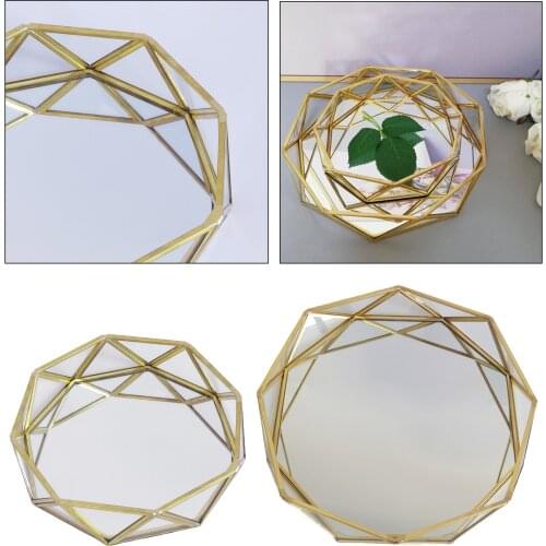 Decorative Tray Gold, Glass Jewelry Mirrored Tray Geometric Makeup Vanity Table