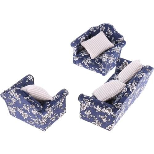 Wooden Dollhouse Bedroom Furniture Set - 1/12 Single Double Sofa Chair and Cushion 7pcs/set, Blue Floral