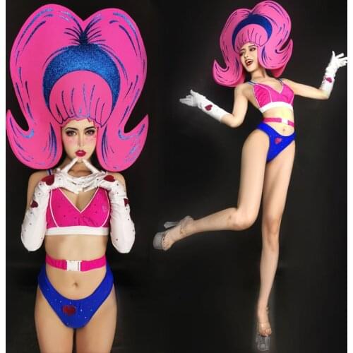 Big Head Baby Stage Costume Wig Headwear Bikini Gogo Dancer Performance Outfits Female DJ Party Cosplay American Clothing 2056