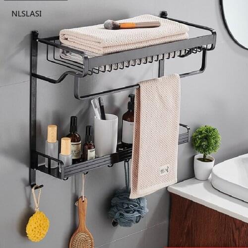 Double Layer Space Aluminum Towel Holder Bathroom Decoration Punch-free Bath Towel Hanging Storage Shelf Hardware Accessories