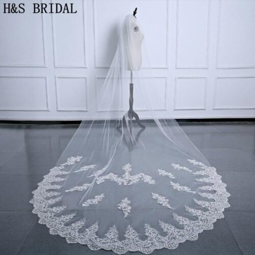 H&S BRIDAL 3.5M White Ivory Cathedral Wedding Veil Long Lace Edge Bridal Veil with Comb Wedding Accessories Bride Mantilla Veil